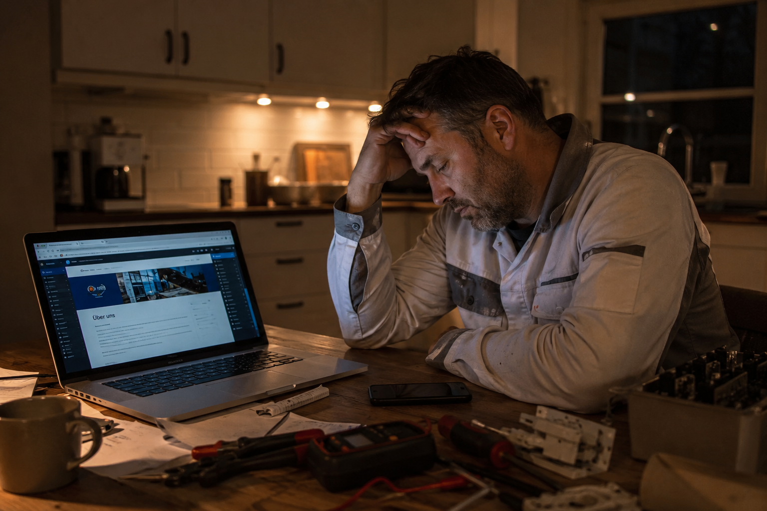 Handwerker abends am Laptop