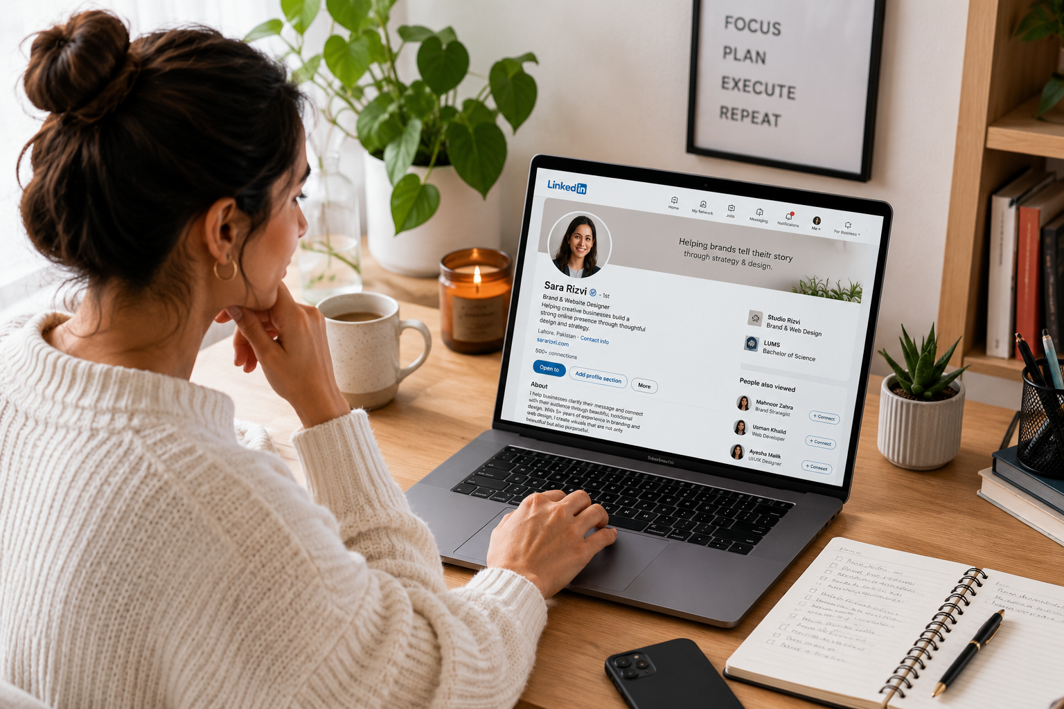 Selbstständige am Laptop mit LinkedIn-Profil